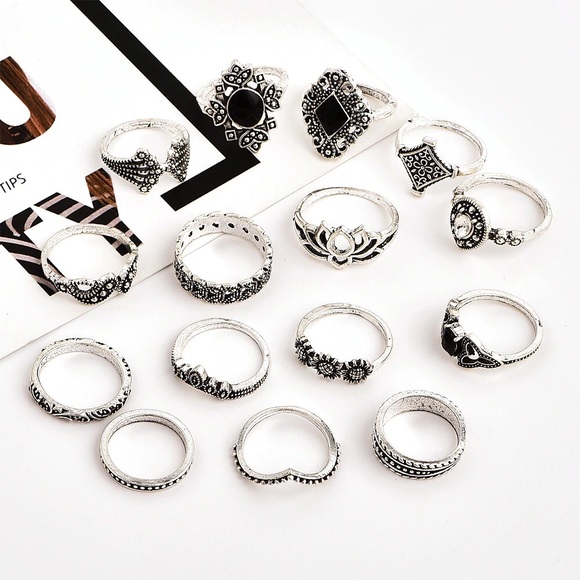 15 Piece Silver Bohemian Retro Ring Set - Picture 3 of 6